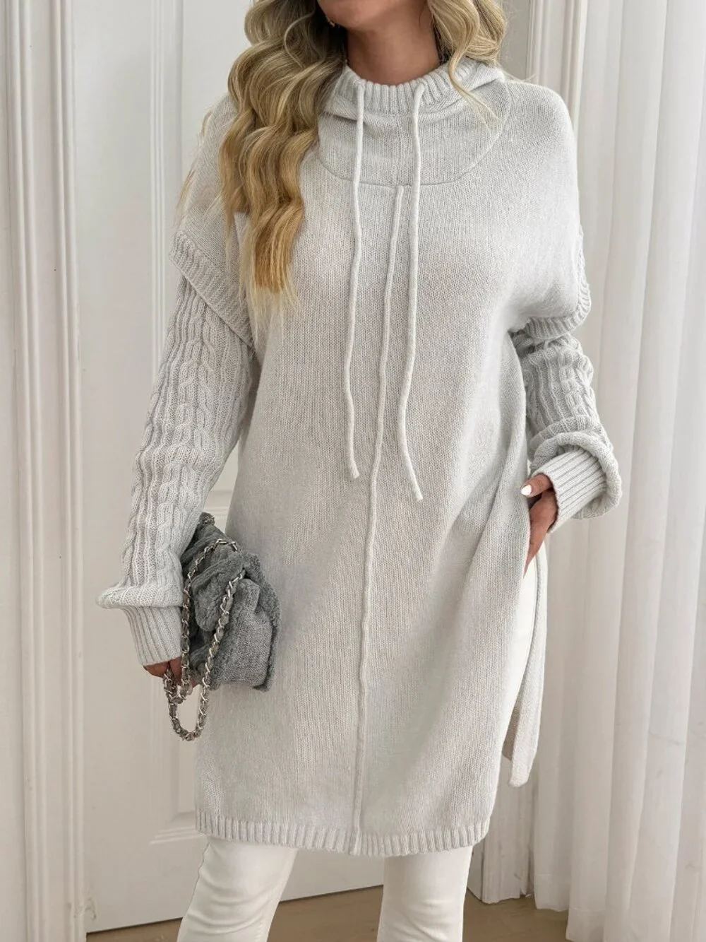 Grey Casual Women's Hooded Cable Knit Patchwork Long Sleeve Mid-Length Sweater